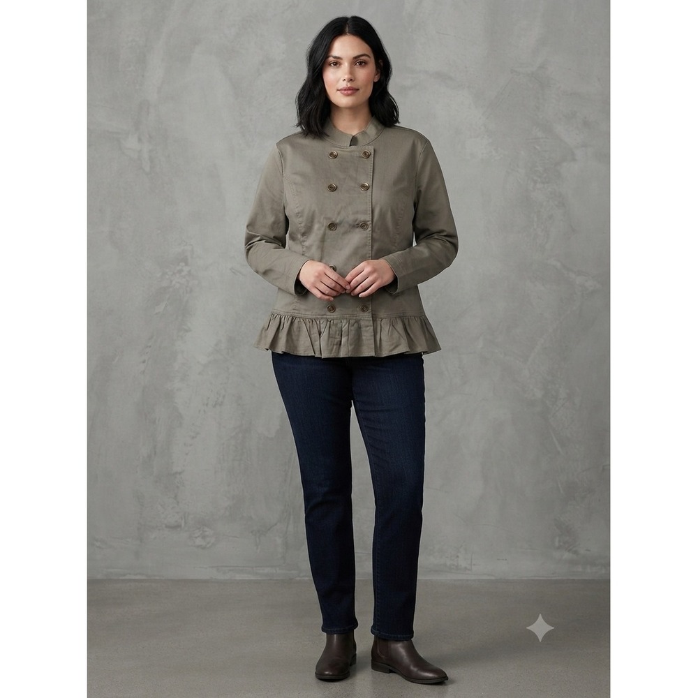 Denim & Co Military Double Breasted Ruffle Peplum Utility Jacket Olive XL